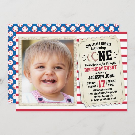 1回目の誕生日スポーツ写真野球新人レッド 招待状 (正面/裏面)