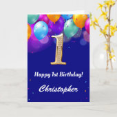 1回目の誕生日ネイビーブルーと金ゴールドバルーンカラフル カード (黄色い花)