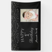 1回目の誕生日バナー。シルバーグリッター写真 横断幕 (縦)