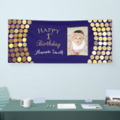 1回目の誕生日バナー。ネイビーブルー金ゴールド写真 横断幕 (トレードショー)