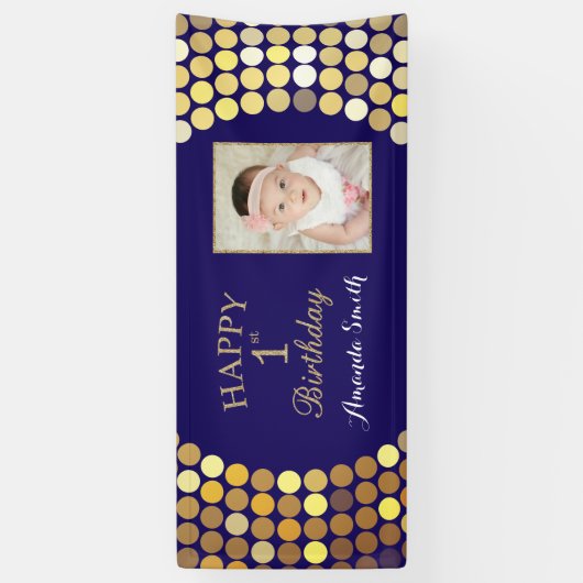 1回目の誕生日バナー。ネイビーブルー金ゴールド写真 横断幕 (縦)