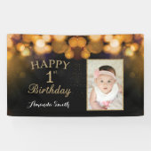 1回目の誕生日バナー。金ゴールドグリッター写真 横断幕 (横)