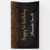 1回目の誕生日バナー。黒と金ゴールドグリッター 横断幕 (縦)