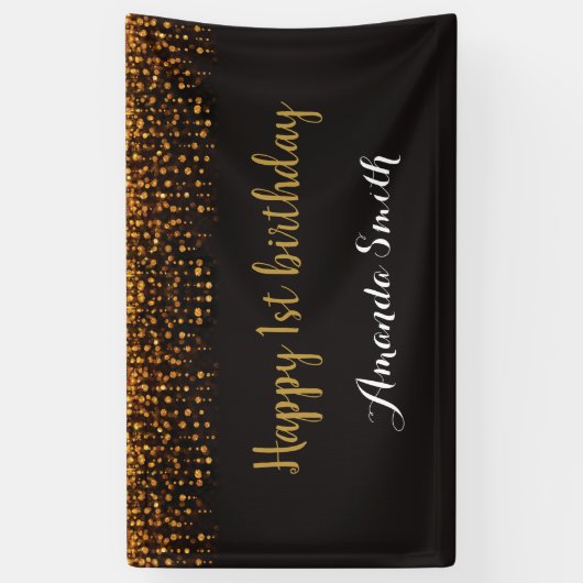 1回目の誕生日バナー。黒と金ゴールドグリッター 横断幕 (縦)