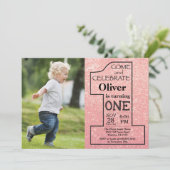 1回目の誕生日バラ金ゴールドピンクグリッター写真 招待状 (スタンド正面)