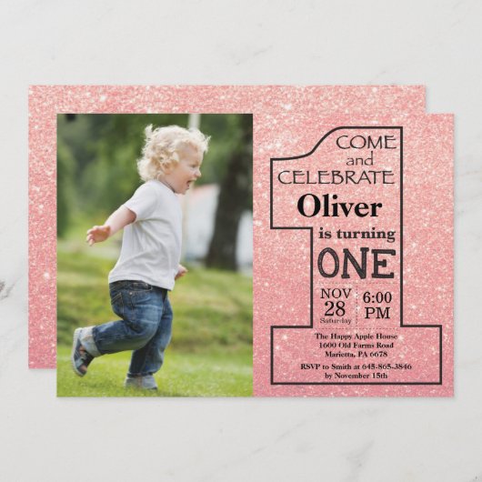 1回目の誕生日バラ金ゴールドピンクグリッター写真 招待状 (正面/裏面)