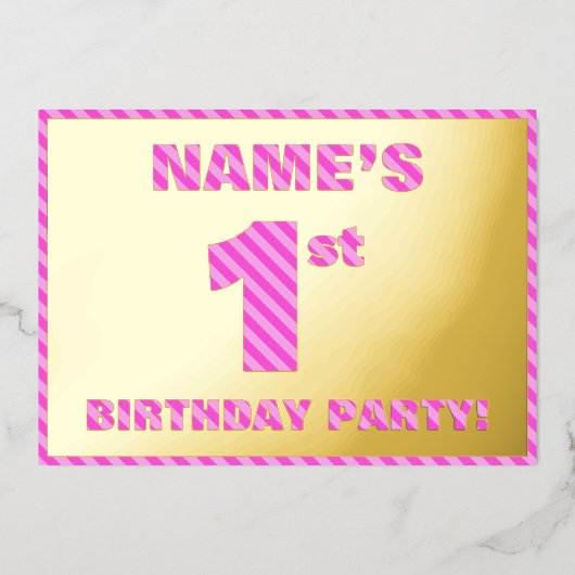 1回目の誕生日パーティーはっきりした:おもしろい、ピンクストライプ色の# 1 箔招待状 (正面)