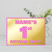 1回目の誕生日パーティーはっきりした:おもしろい、ピンクストライプ色の# 1 箔招待状 (立ち正面)