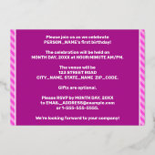 1回目の誕生日パーティーはっきりした:おもしろい、ピンクストライプ色の# 1 箔招待状 (裏面)