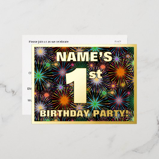 1回目の誕生日パーティーはっきりした:, カラフル Fireworks Look 箔招待状ポストカード (正面/裏面)