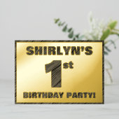 1回目の誕生日パーティーはっきりした— フェイク Wood Grain文字 箔招待状 (立ち正面)