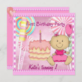 1回目の誕生日パーティーチャイルドズガールピンクケーキ 招待状 (正面/裏面)