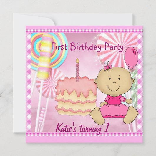1回目の誕生日パーティーチャイルドズガールピンクケーキ 招待状 (正面)