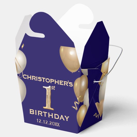 1回目の誕生日パーティーネイビーブルーと金ゴールドバルーン フェイバーボックス (オープン)