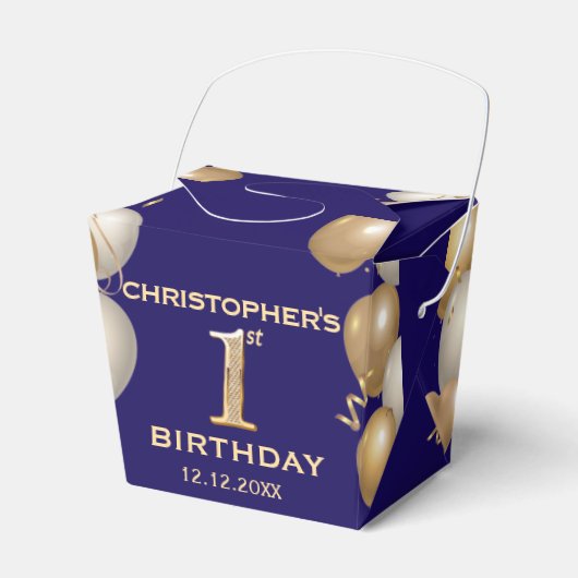 1回目の誕生日パーティーネイビーブルーと金ゴールドバルーン フェイバーボックス (正面サイド)