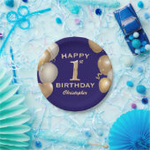 1回目の誕生日パーティーネイビーブルーと金ゴールドバルーン ペーパープレート (パーティー)