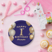 1回目の誕生日パーティーネイビーブルーと金ゴールドバルーン ペーパープレート (パーティー)