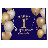 1回目の誕生日パーティーネイビーブルーと金ゴールドバルーン ラージペーパーバッグ (正面)