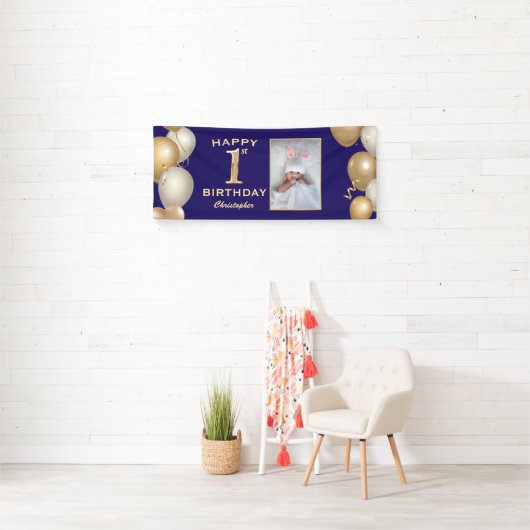 1回目の誕生日パーティーネイビーブルーと金ゴールドバルーン 横断幕 (インサイチュ)
