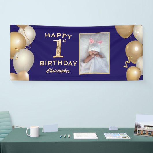 1回目の誕生日パーティーネイビーブルーと金ゴールドバルーン 横断幕 (トレードショー)