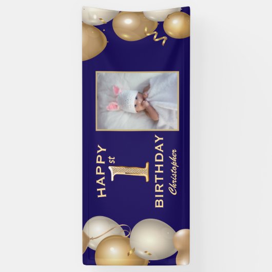 1回目の誕生日パーティーネイビーブルーと金ゴールドバルーン 横断幕 (縦)
