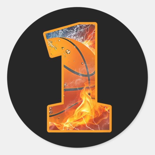 1回目の誕生日パーティーバスケットボールプリント番号1年 ラウンドシール (正面)