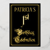 1回目の誕生日パーティーファンシー – スクリプトと名前をカスタムする 箔招待状 (正面)