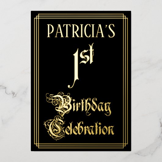 1回目の誕生日パーティーファンシー – スクリプトと名前をカスタムする 箔招待状 (正面)