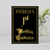 1回目の誕生日パーティーファンシー – スクリプトと名前をカスタムする 箔招待状 (立ち正面)