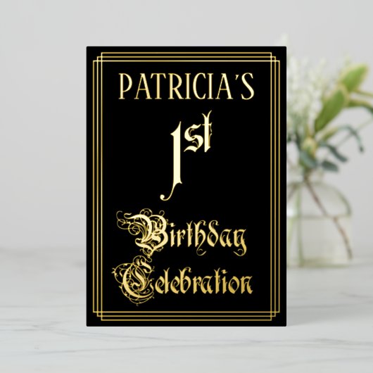1回目の誕生日パーティーファンシー – スクリプトと名前をカスタムする 箔招待状 (立ち正面)