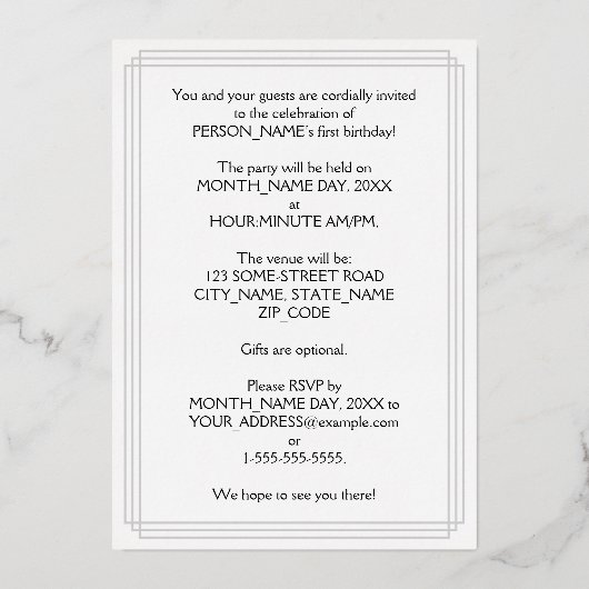 1回目の誕生日パーティーファンシー – スクリプトと名前をカスタムする 箔招待状 (裏面)