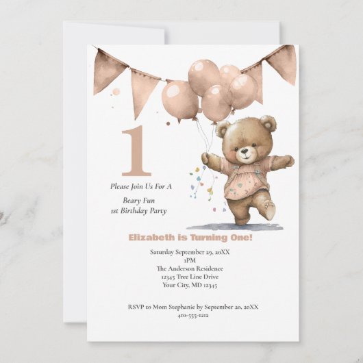 1回目の誕生日パーティーベビーガールベアーバルーン 招待状 (正面)