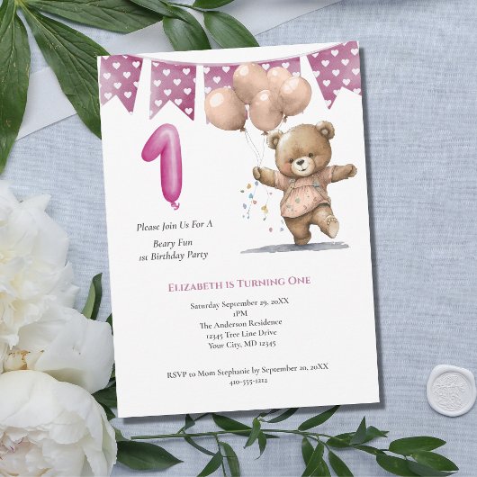 1回目の誕生日パーティーベビーガールベアーバルーン 招待状