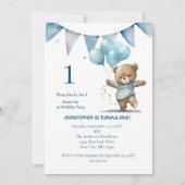 1回目の誕生日パーティー男の赤ちゃんベアバルーン 招待状 (正面)