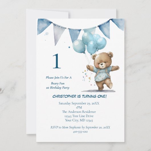 1回目の誕生日パーティー男の赤ちゃんベアバルーン 招待状 (正面)