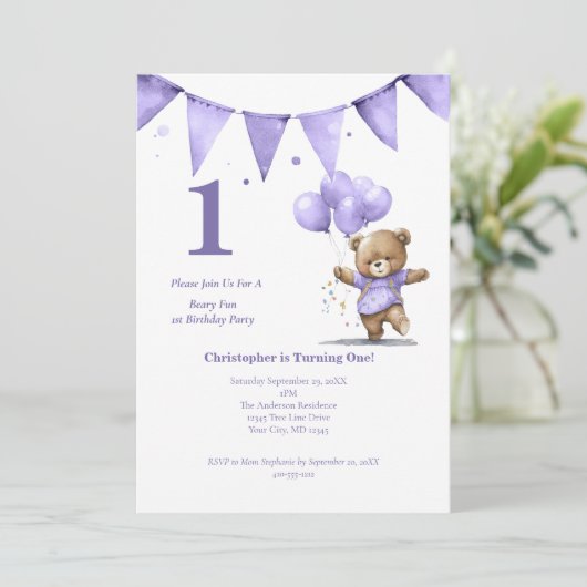 1回目の誕生日パーティー男の赤ちゃんベアバルーン 招待状 (スタンド正面)
