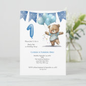 1回目の誕生日パーティー男の赤ちゃんベアバルーン 招待状 (スタンド正面)