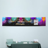 1回目の誕生日パーティー黒と金ゴールド風船の写真 横断幕 (トレードショー)