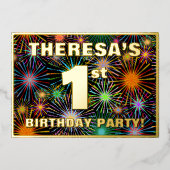 1回目の誕生日パーティー—おもしろいカラフル、Fireworks Look 箔招待状 (正面)