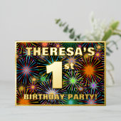 1回目の誕生日パーティー—おもしろいカラフル、Fireworks Look 箔招待状 (立ち正面)