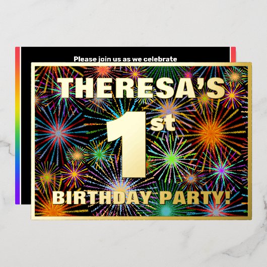 1回目の誕生日パーティー—おもしろいカラフル、Fireworks Look 箔招待状 (正面/裏面)