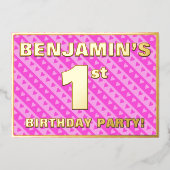 1回目の誕生日パーティー—おもしろいピンクのハートとストライプ 箔招待状 (正面)