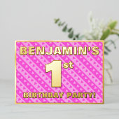 1回目の誕生日パーティー—おもしろいピンクのハートとストライプ 箔招待状 (立ち正面)