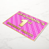 1回目の誕生日パーティー—おもしろいピンクのハートとストライプ 箔招待状 (回転した状態)