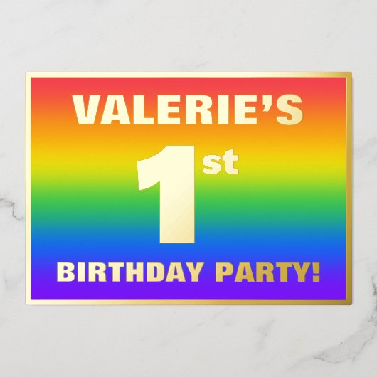1回目の誕生日パーティー:おもしろい、レインボーカラフルパターン 箔招待状 (正面)