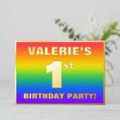 1回目の誕生日パーティー:おもしろい、レインボーカラフルパターン 箔招待状 (立ち正面)
