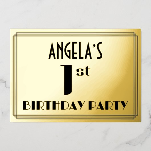 1回目の誕生日パーティー:アールデコの外観「1」と名前 箔招待状 (正面)