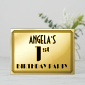 1回目の誕生日パーティー:アールデコの外観「1」と名前 箔招待状 (立ち正面)