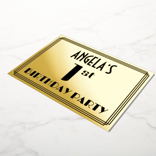 1回目の誕生日パーティー:アールデコの外観「1」と名前 箔招待状 (回転した状態)