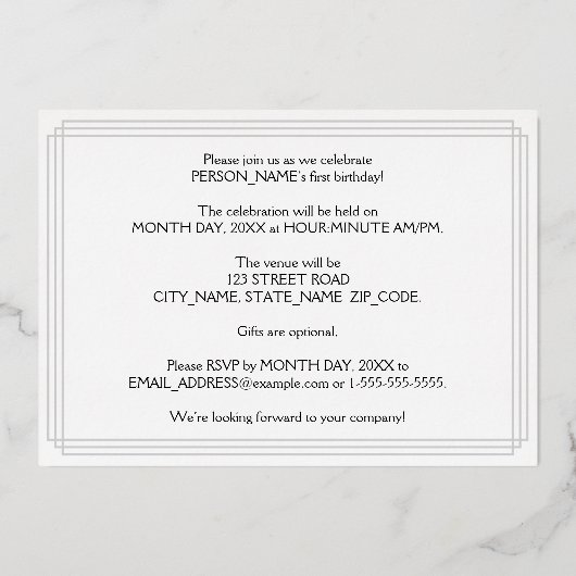 1回目の誕生日パーティー:アールデコの外観「1」と名前 箔招待状 (裏面)